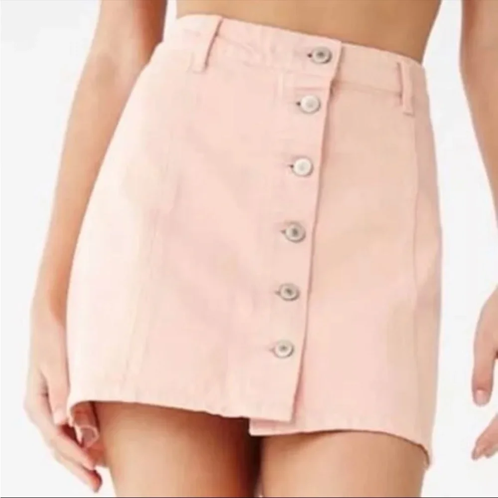 Pink Button-Front Denim Mini Skirt